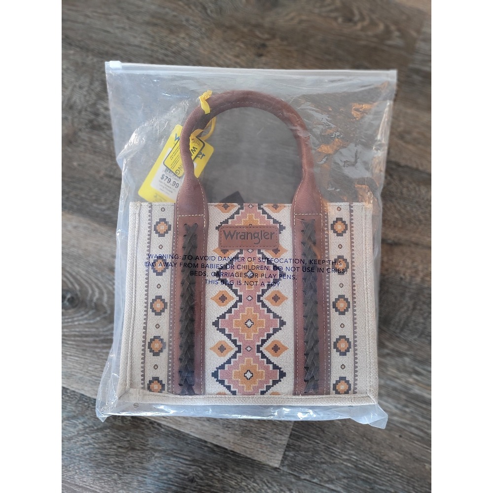 Wrangler Southwestern Geometric Canvas Tote Bag with Leather Handles NEW #HH